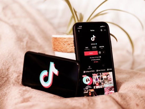 Two phones. There is TikTok logo on one of them and on the second there is someone's TikTok profile.Behind theme there is a plant in the pot.